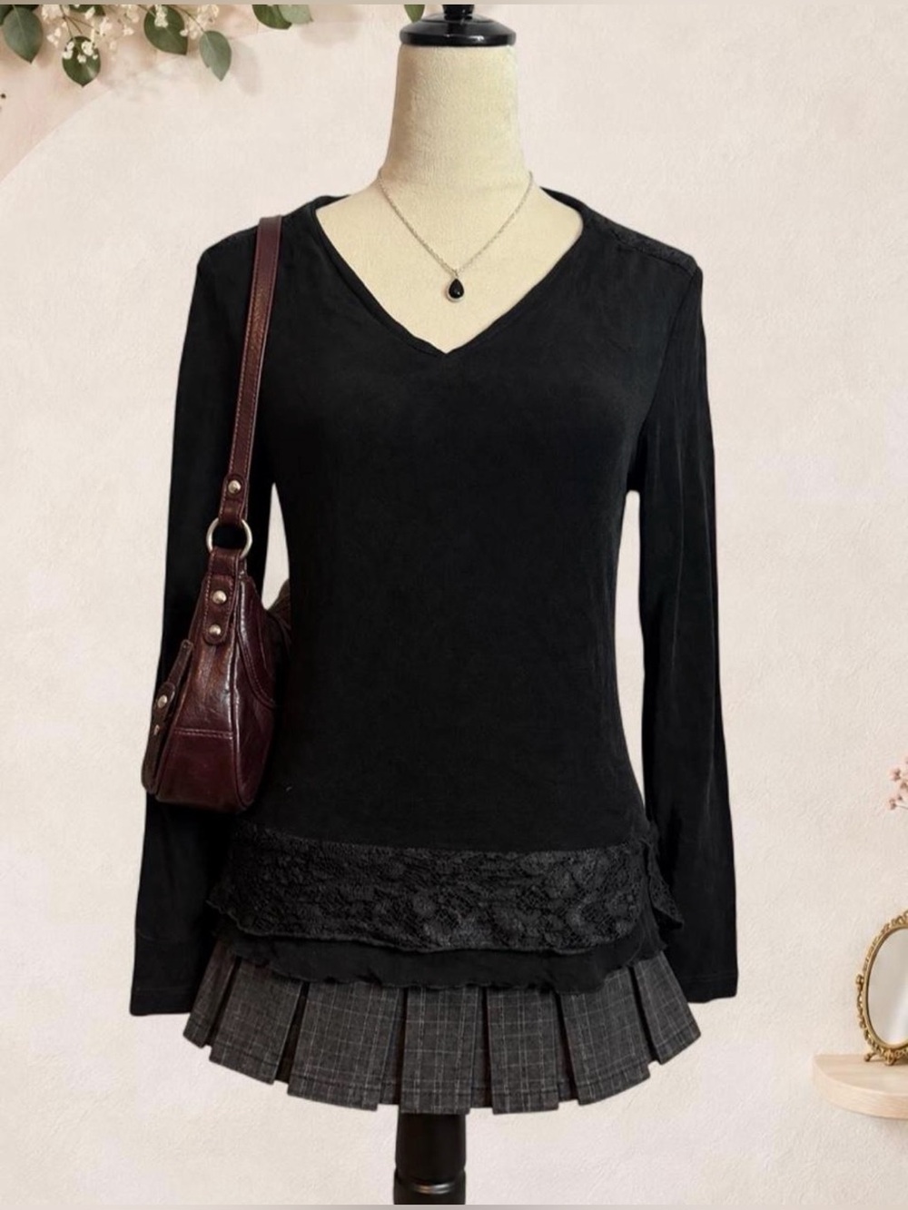 Acorn Black Lace Ruffle Hem Long Sleeve Top S/M Made in USA